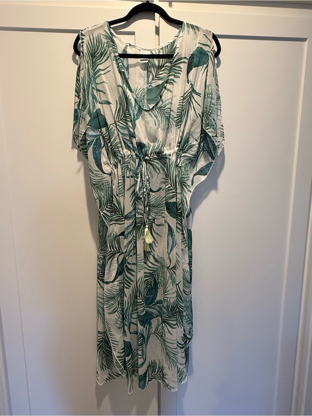 White and Green Palm Print Midi Kaftan Swim Cover | Large